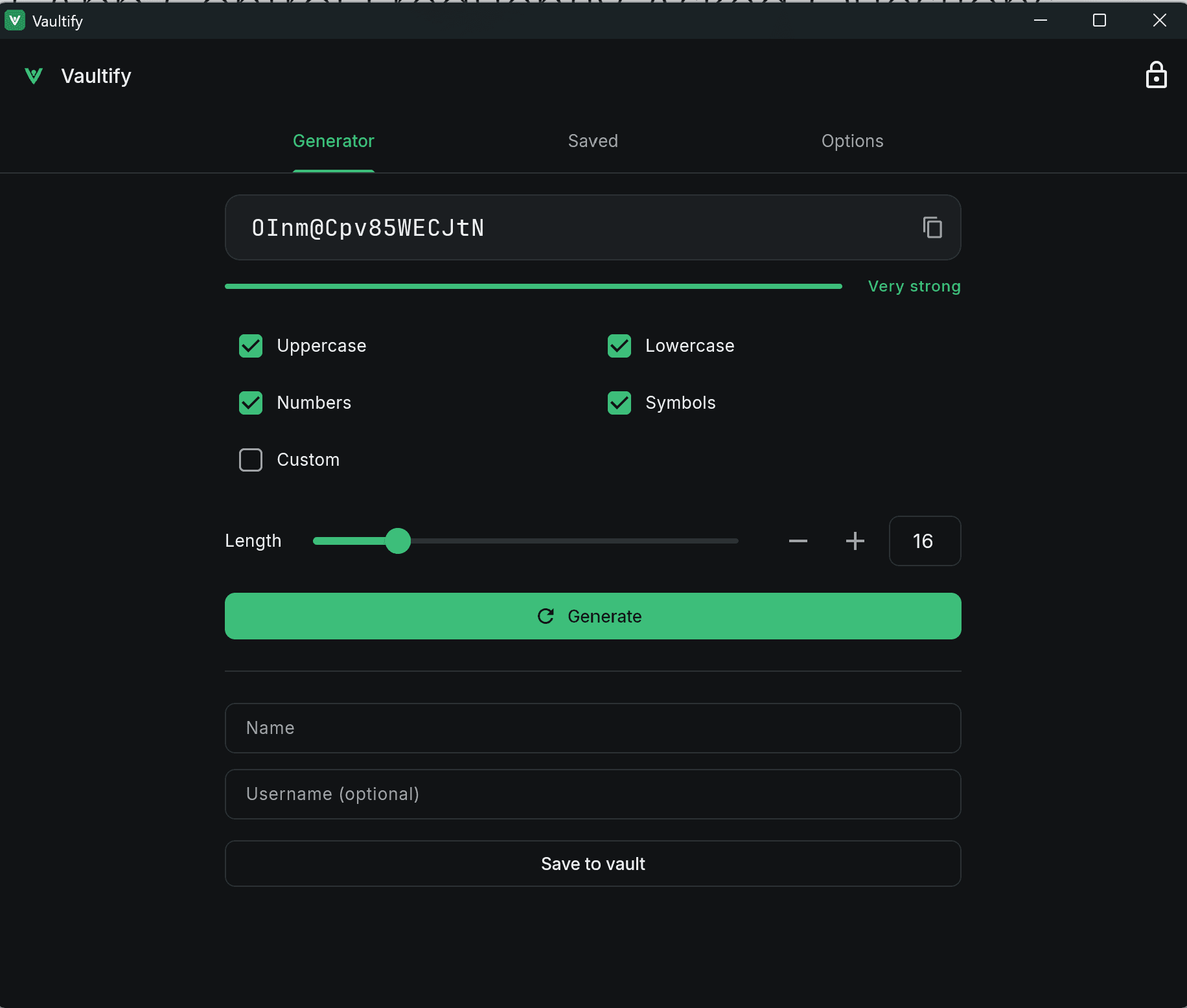 Vaultify password generator screen