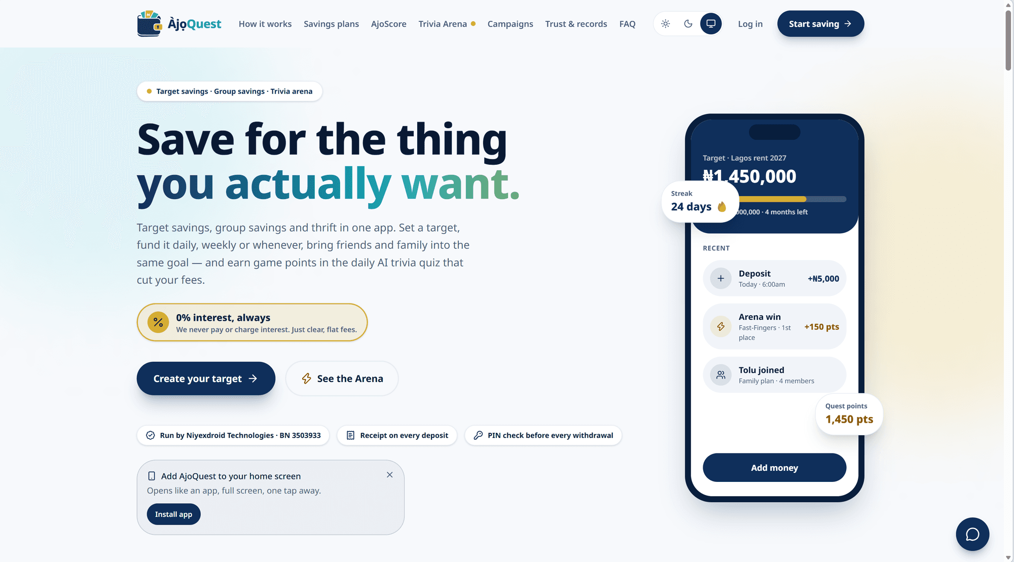 AjoQuest homepage: save for the thing you actually want