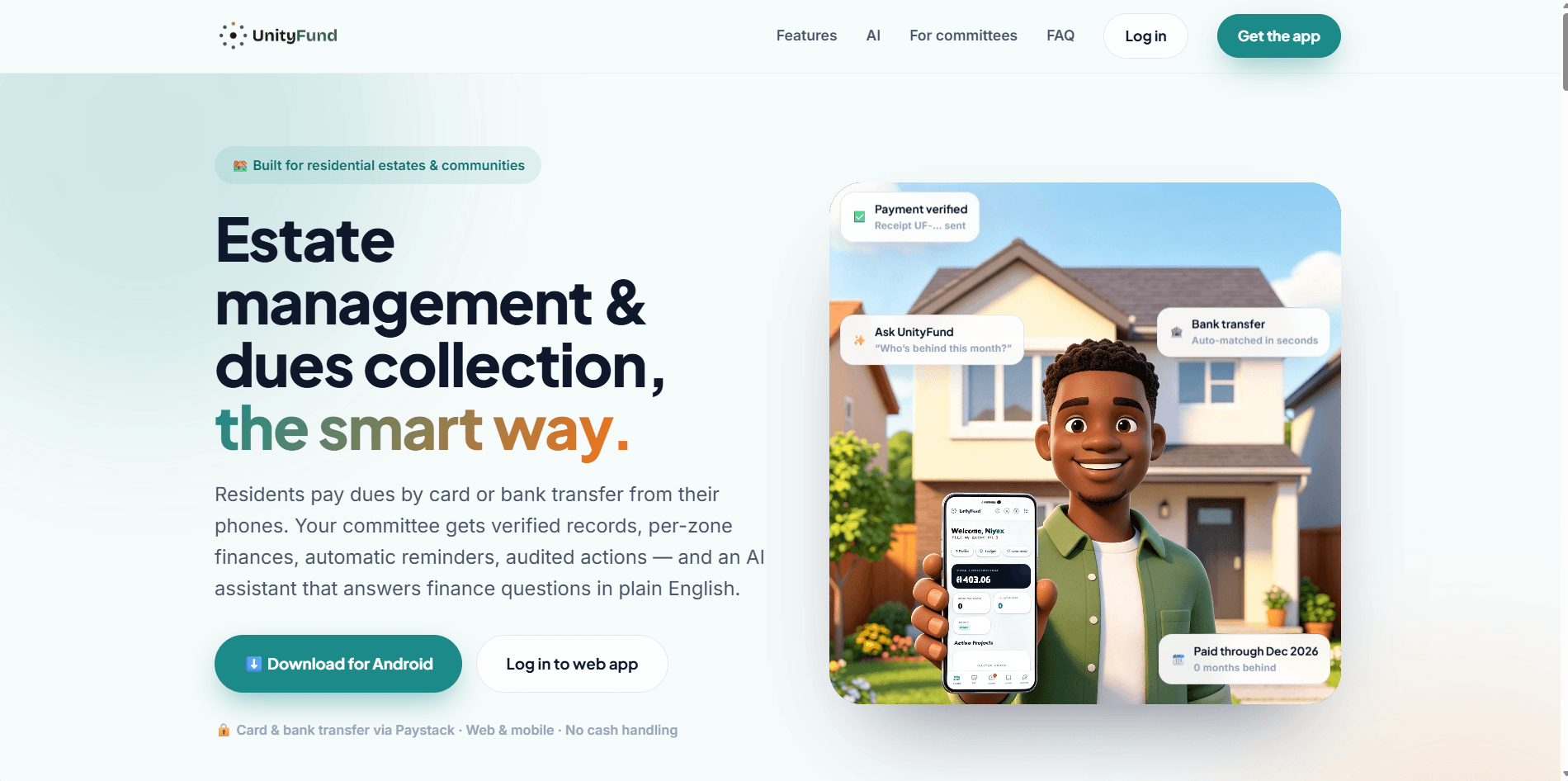 UnityFund homepage: estate management and dues collection
